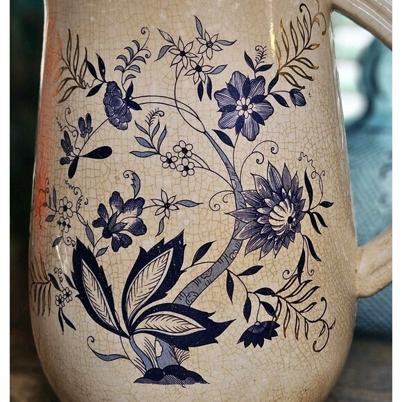 Antique English Ironstone Blue Pitcher Transferware Floral Stained Crazed Jug - Picture 7 of 13